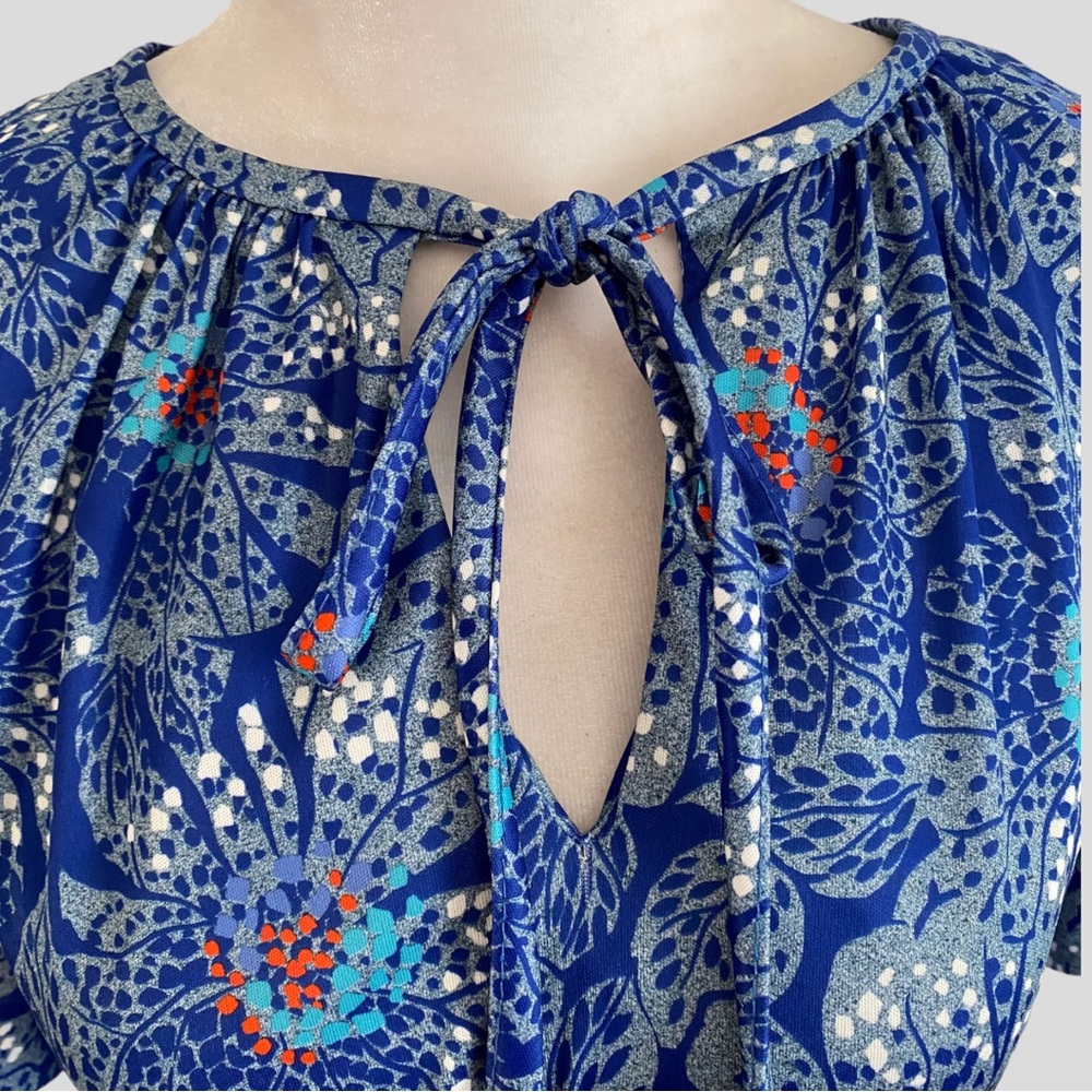 Vintage 70s Blue Floral Tie Neck Belted Dress - Picture 2 of 7